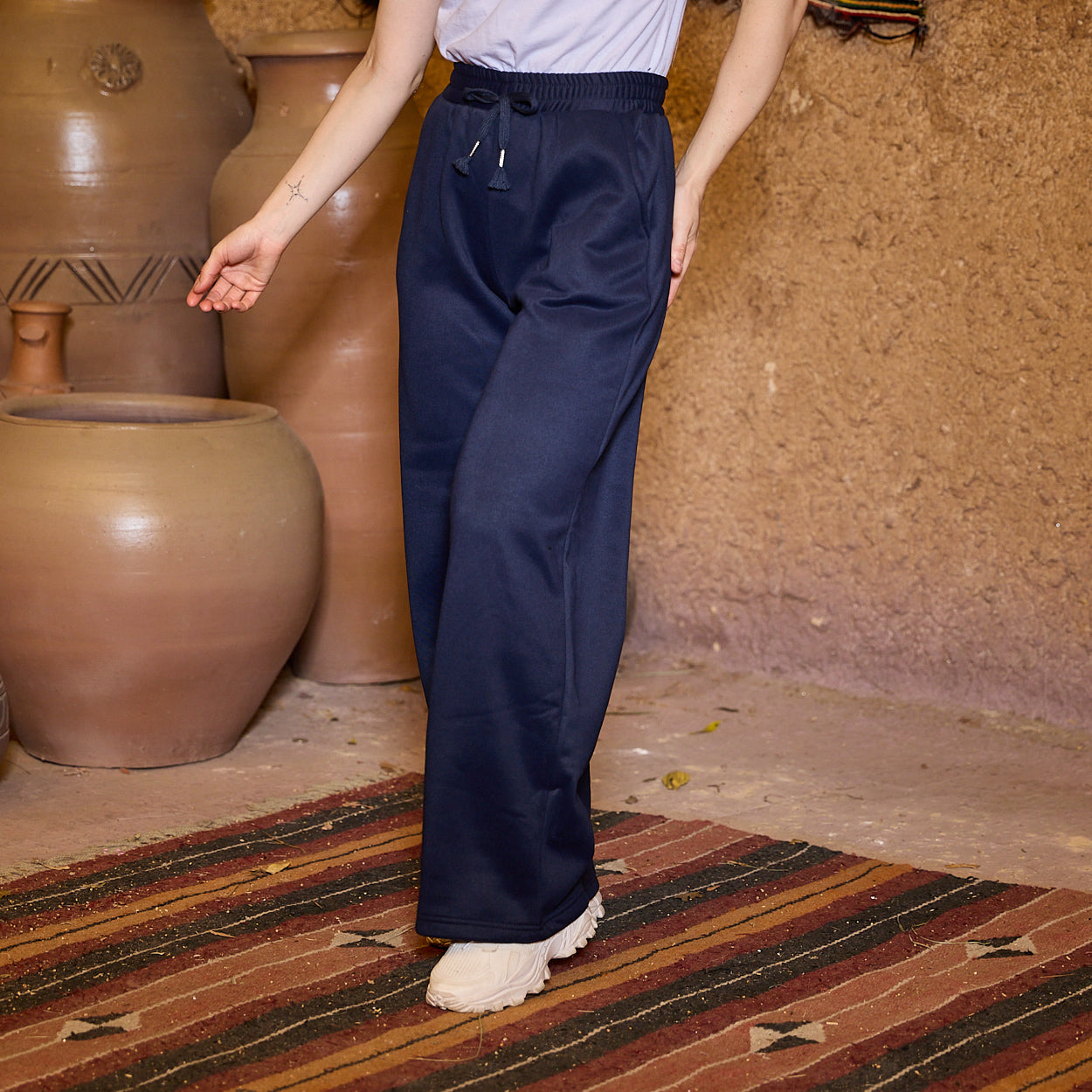 La Reine Blue Black Relaxed Fit Wide-Leg Jogger Pants