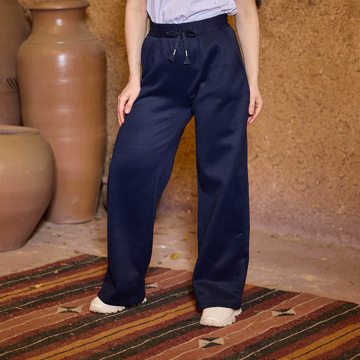 La Reine Blue Black Relaxed Fit Wide-Leg Jogger Pants