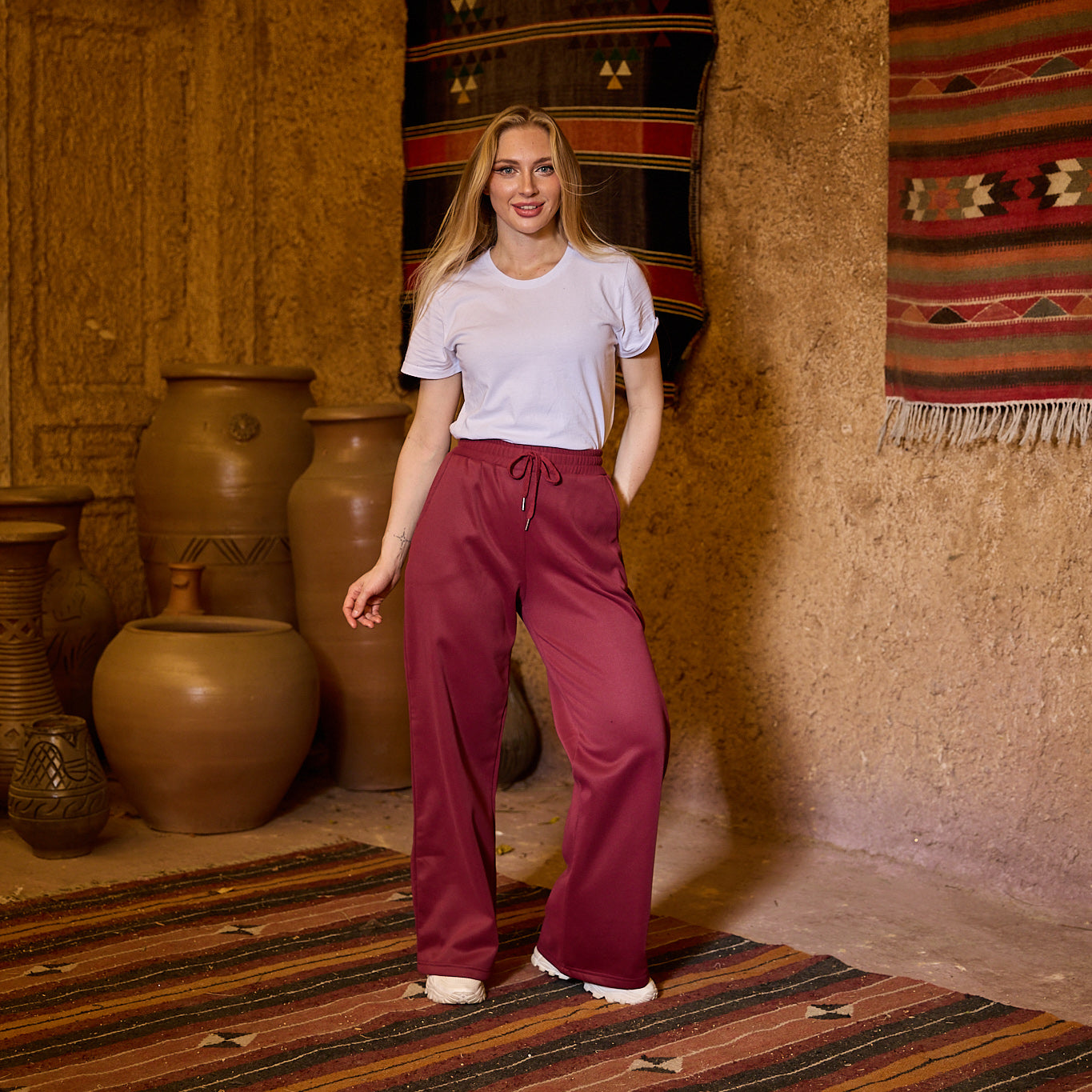 La Reine Burgundy Relaxed Fit Wide-Leg Sweat Pants