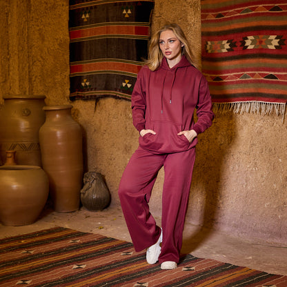 La Reine Burgundy Relaxed Fit Wide-Leg Jogger Pants