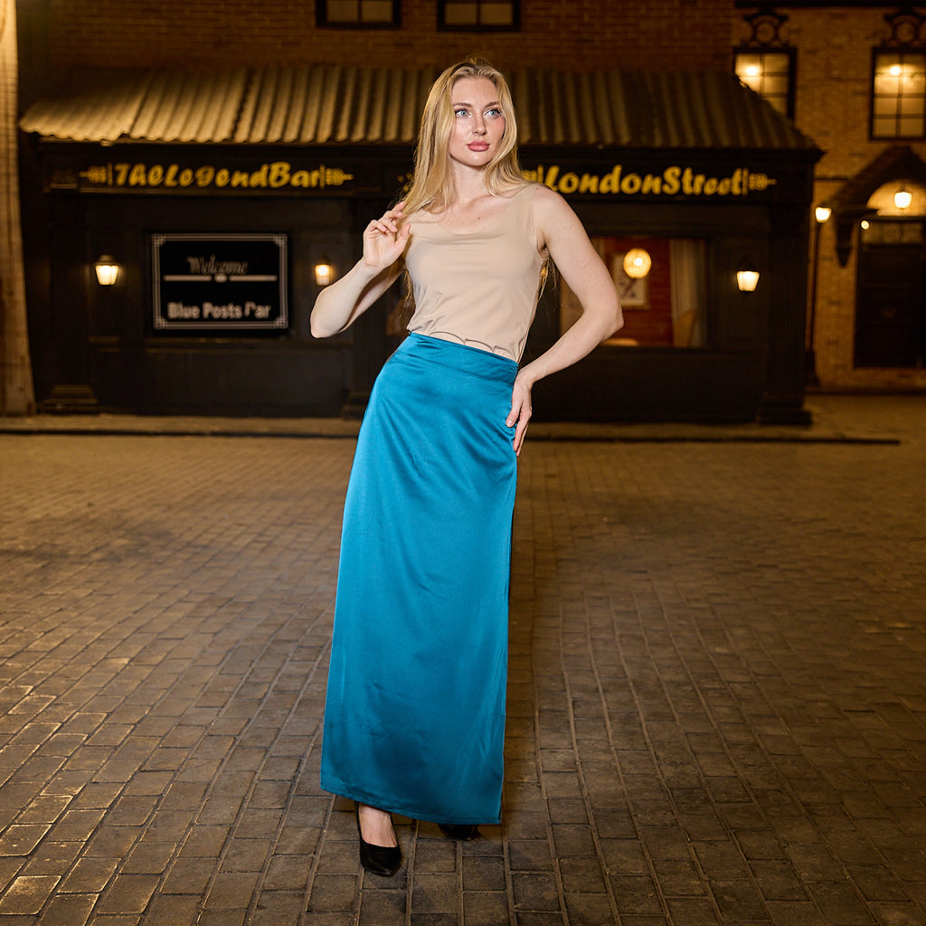 La Reine Teal Satin Maxi Skirt