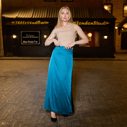 La Reine Teal Satin Maxi Skirt