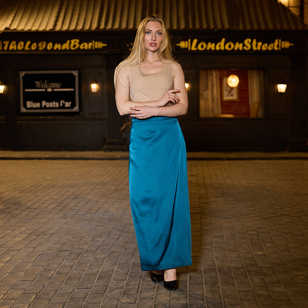 La Reine Teal Satin Maxi Skirt