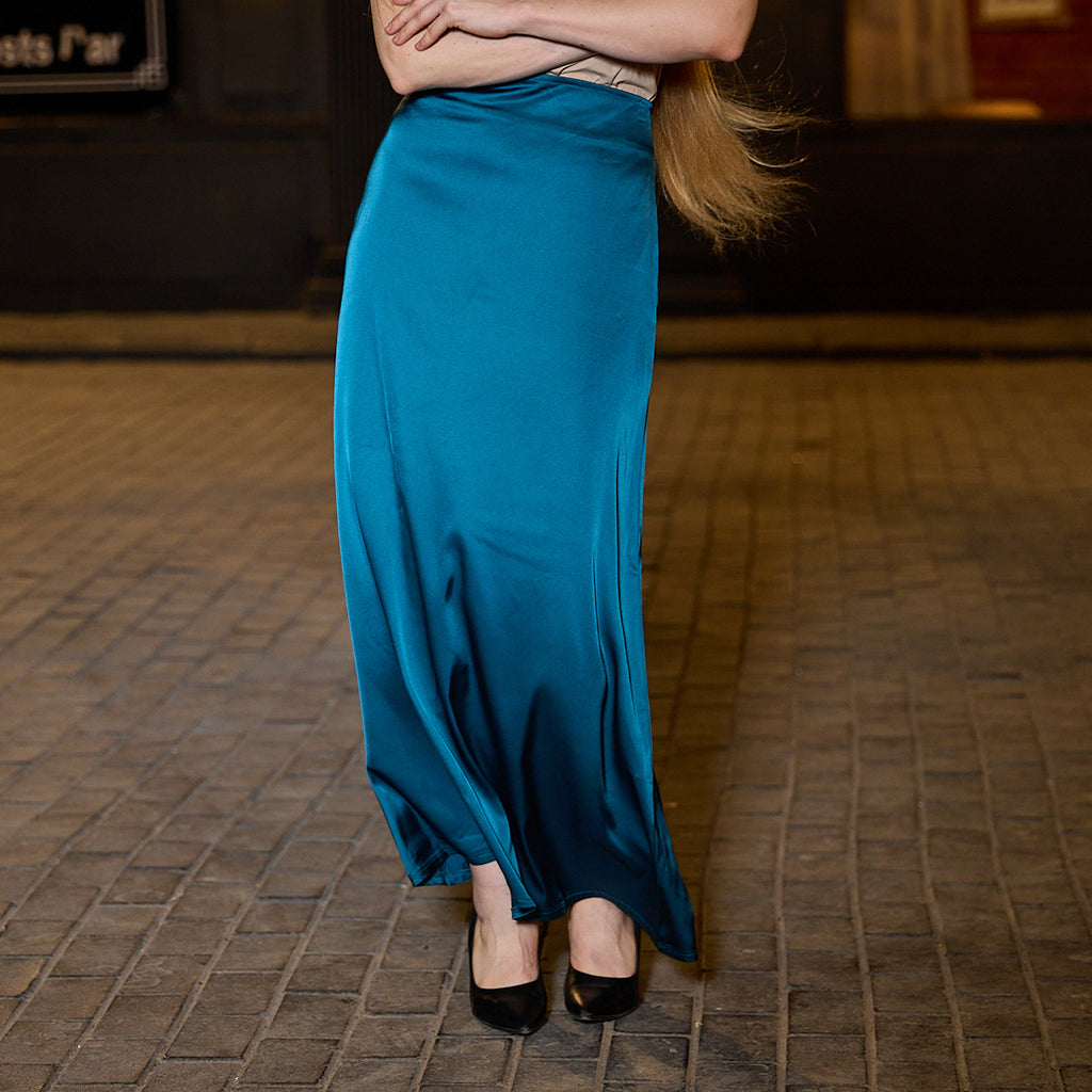 La Reine Teal Satin Maxi Skirt
