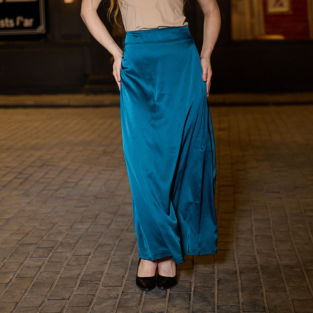 La Reine Teal Satin Maxi Skirt