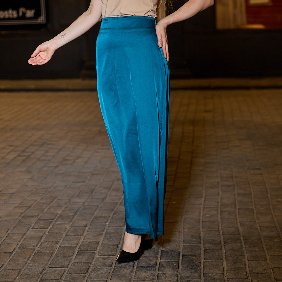 La Reine Teal Satin Maxi Skirt