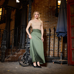 La Reine Olive Satin Maxi Skirt