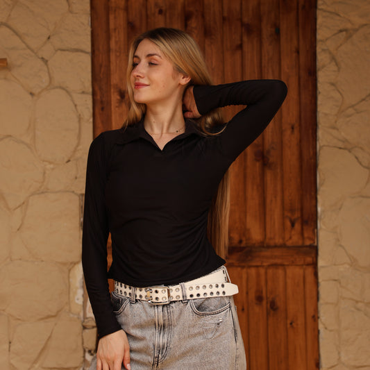 La Reine Black Long Sleeve Polo Top