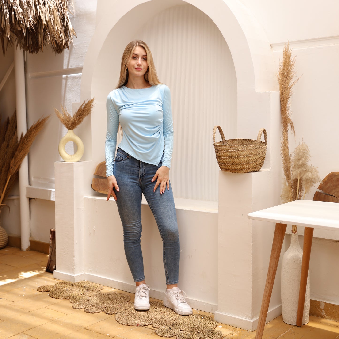 La Reine Baby Blue Asymmetrical Neck Line Long Sleeve Cotton Basic Top
