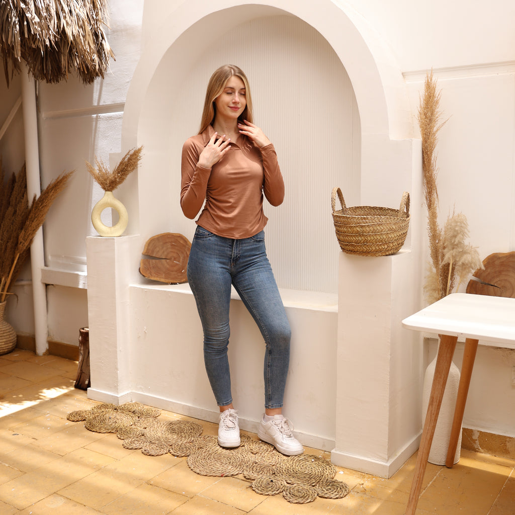 La Reine Brown Long Sleeve Polo Top