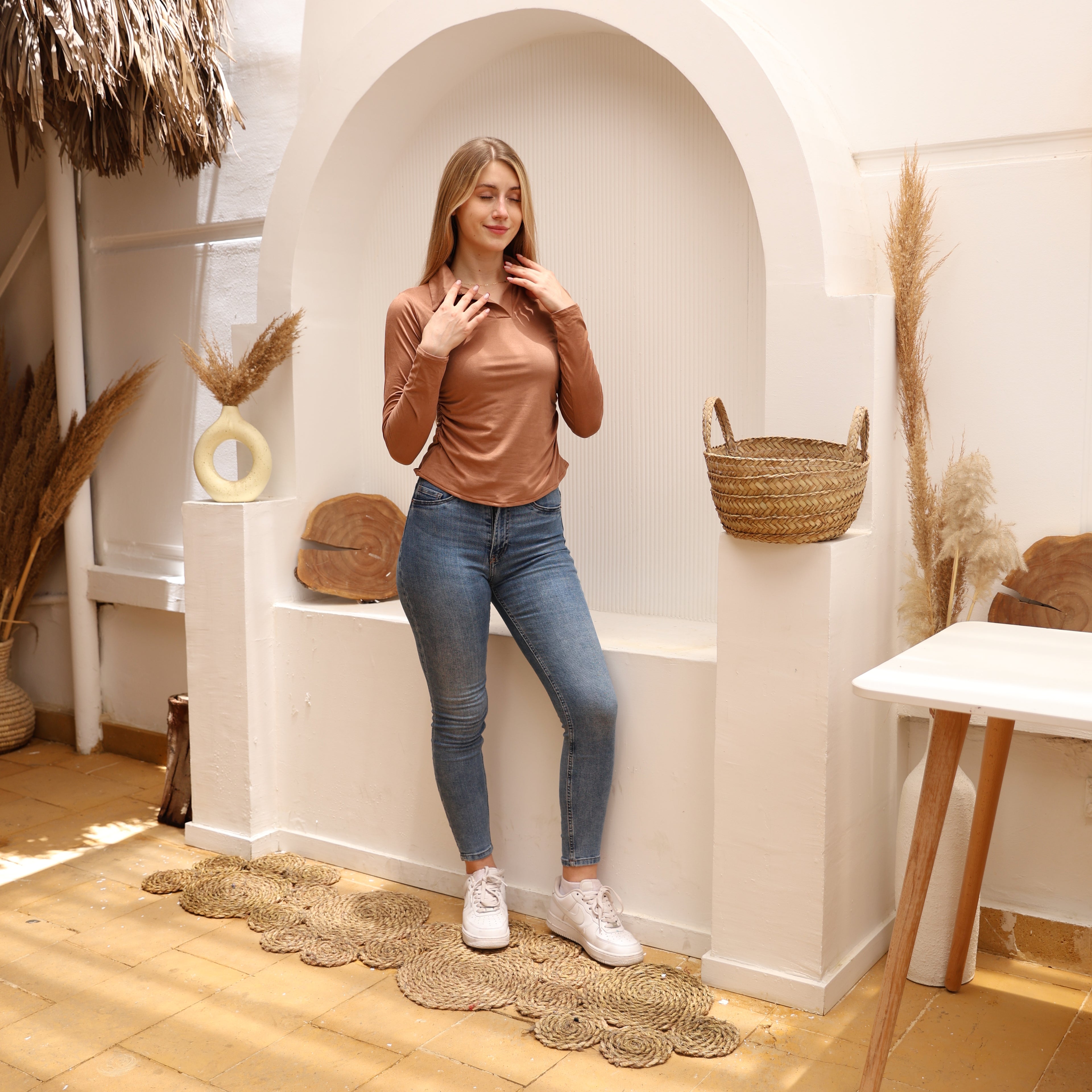 La Reine Brown Long Sleeve Polo Top