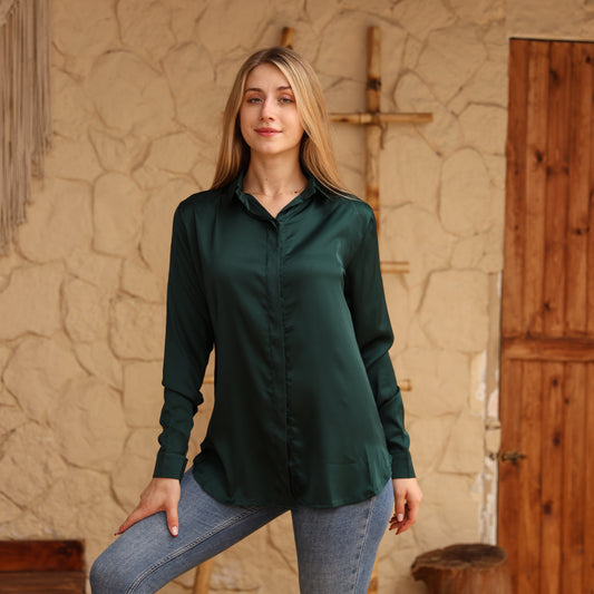 La Reine Elegant Olive Satin Shirt