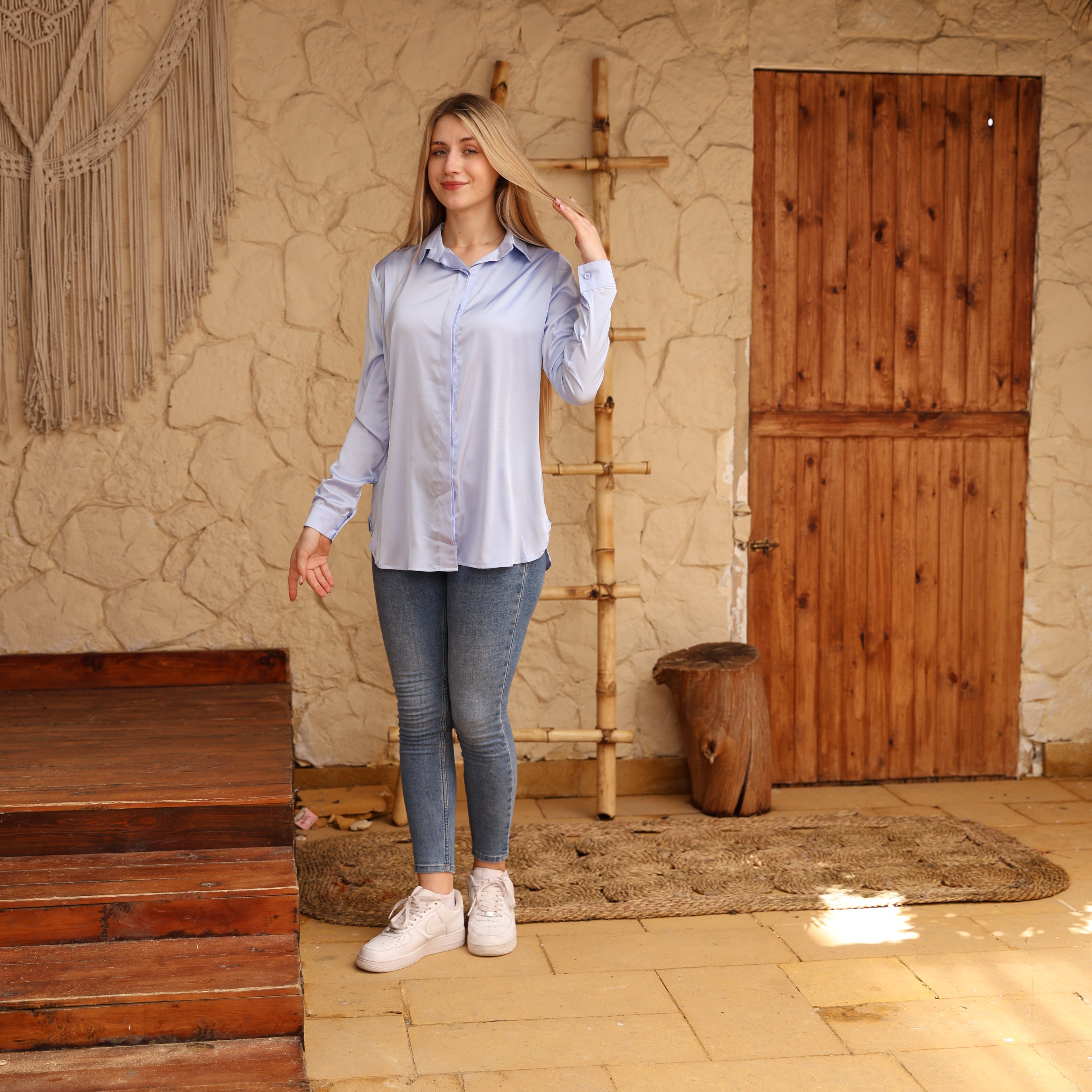 La Reine Elegant Baby Blue Satin Shirt