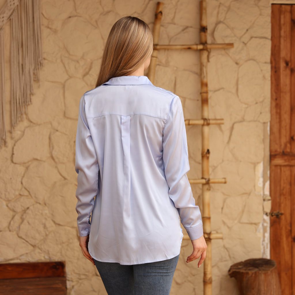 La Reine Elegant Baby Blue Satin Shirt