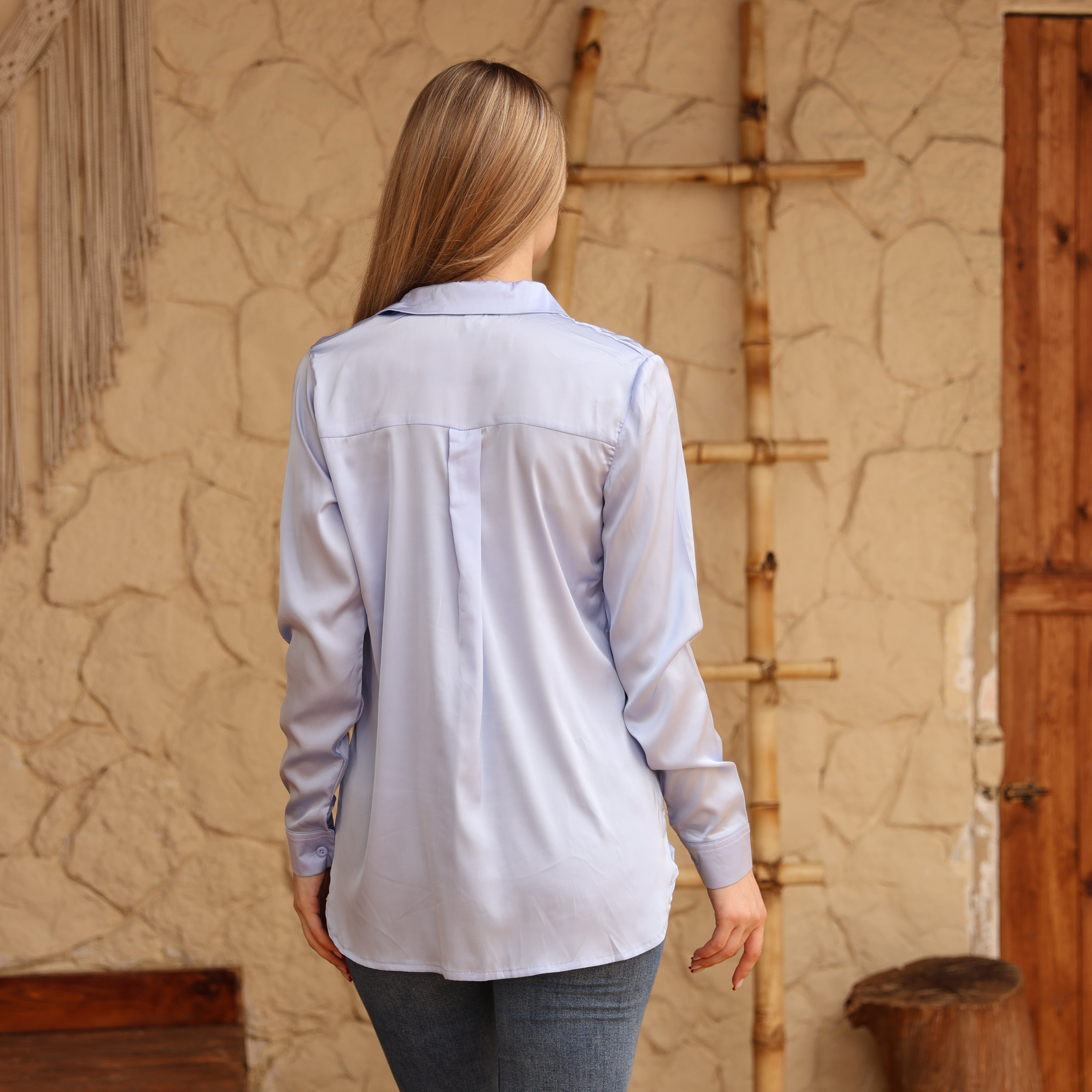 La Reine Elegant Baby Blue Satin Shirt