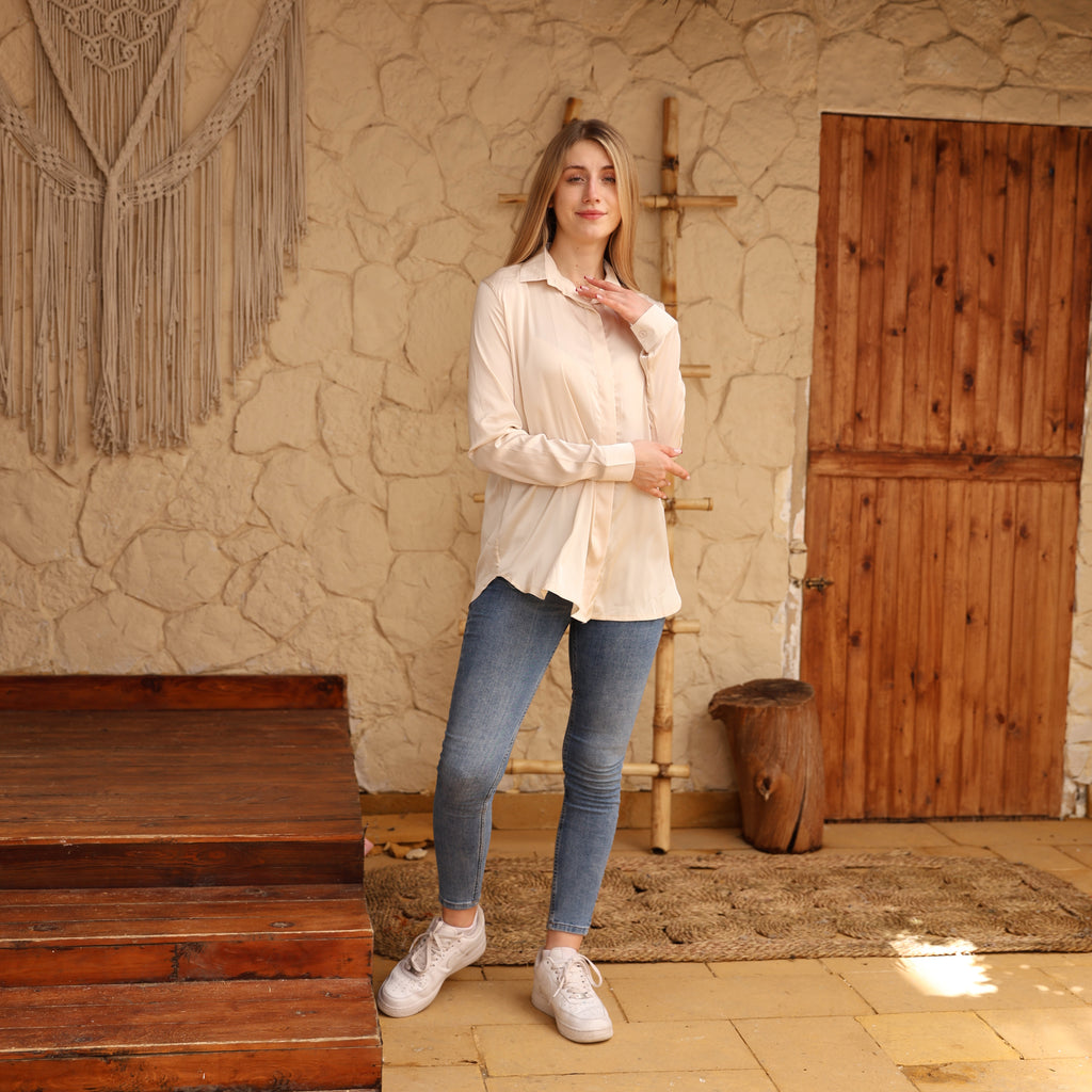 La Reine Elegant Beige Satin Shirt