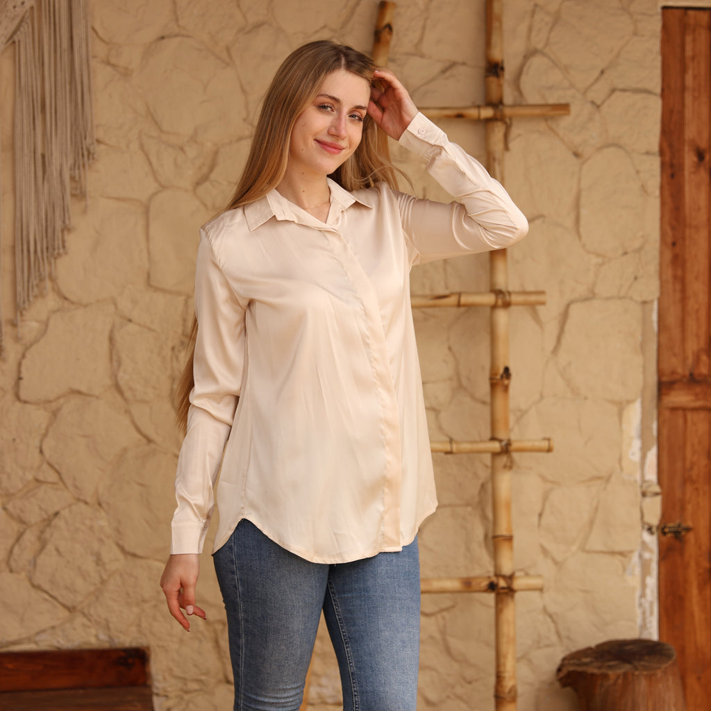 La Reine Elegant Beige Satin Shirt