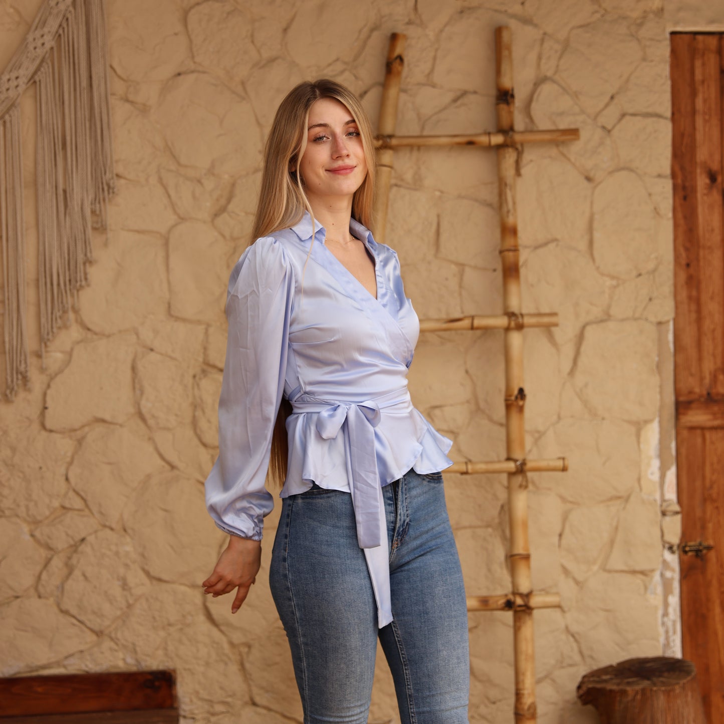 La Reine Collar Wrap Knot Side Satin Blouse Baby Blue