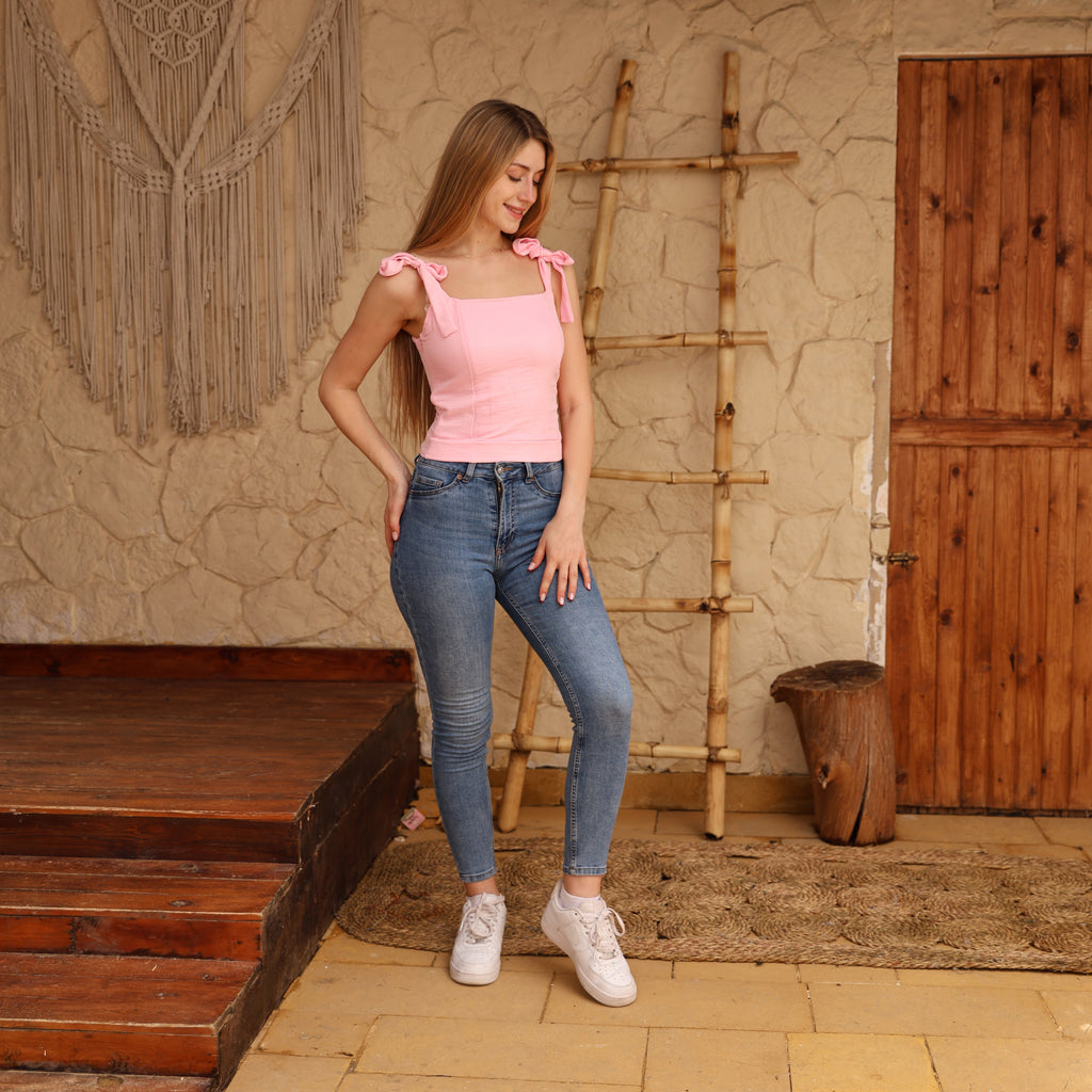 La Reine Rose Tie Straps Elastic Back Linen Top