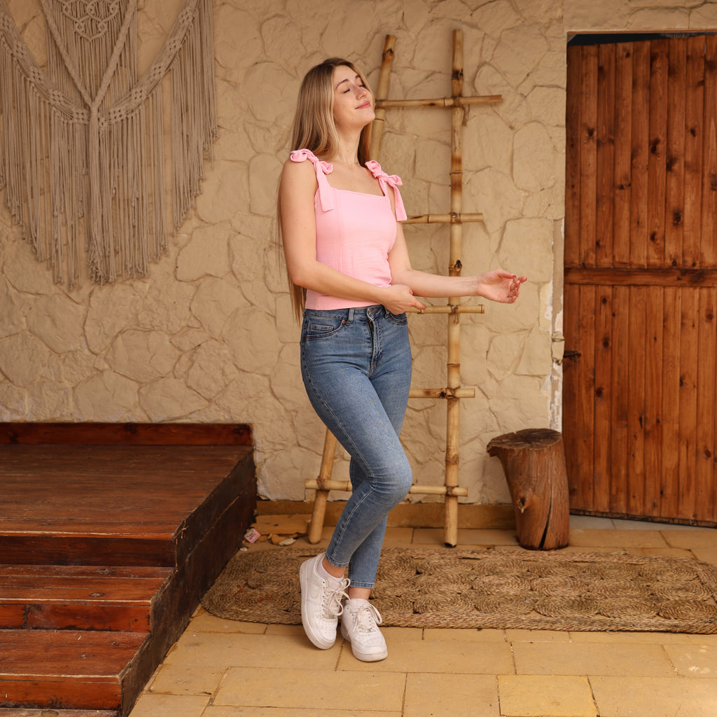 La Reine Rose Tie Straps Elastic Back Linen Top