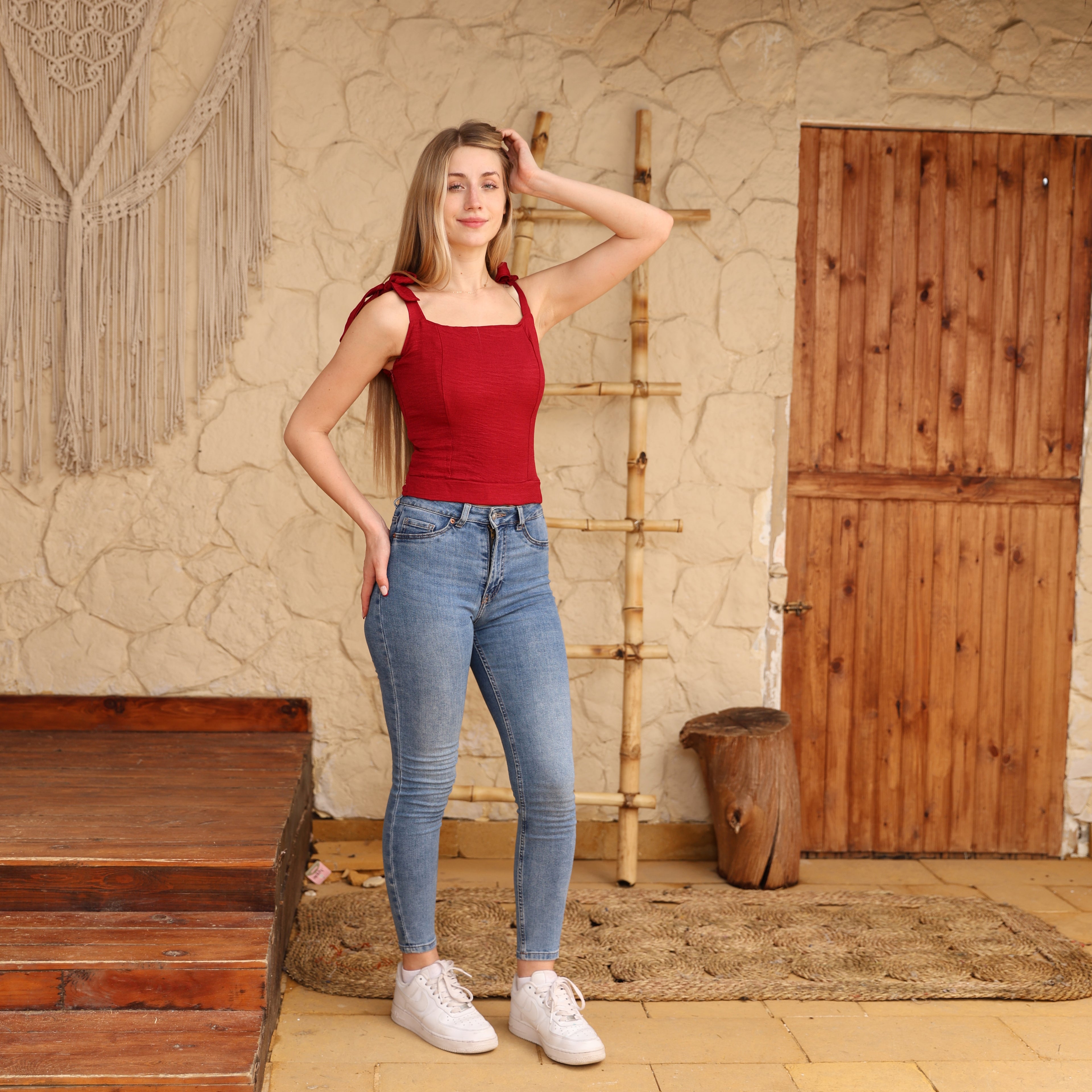 La Reine Burgundy Tie Straps Elastic Back Linen Top