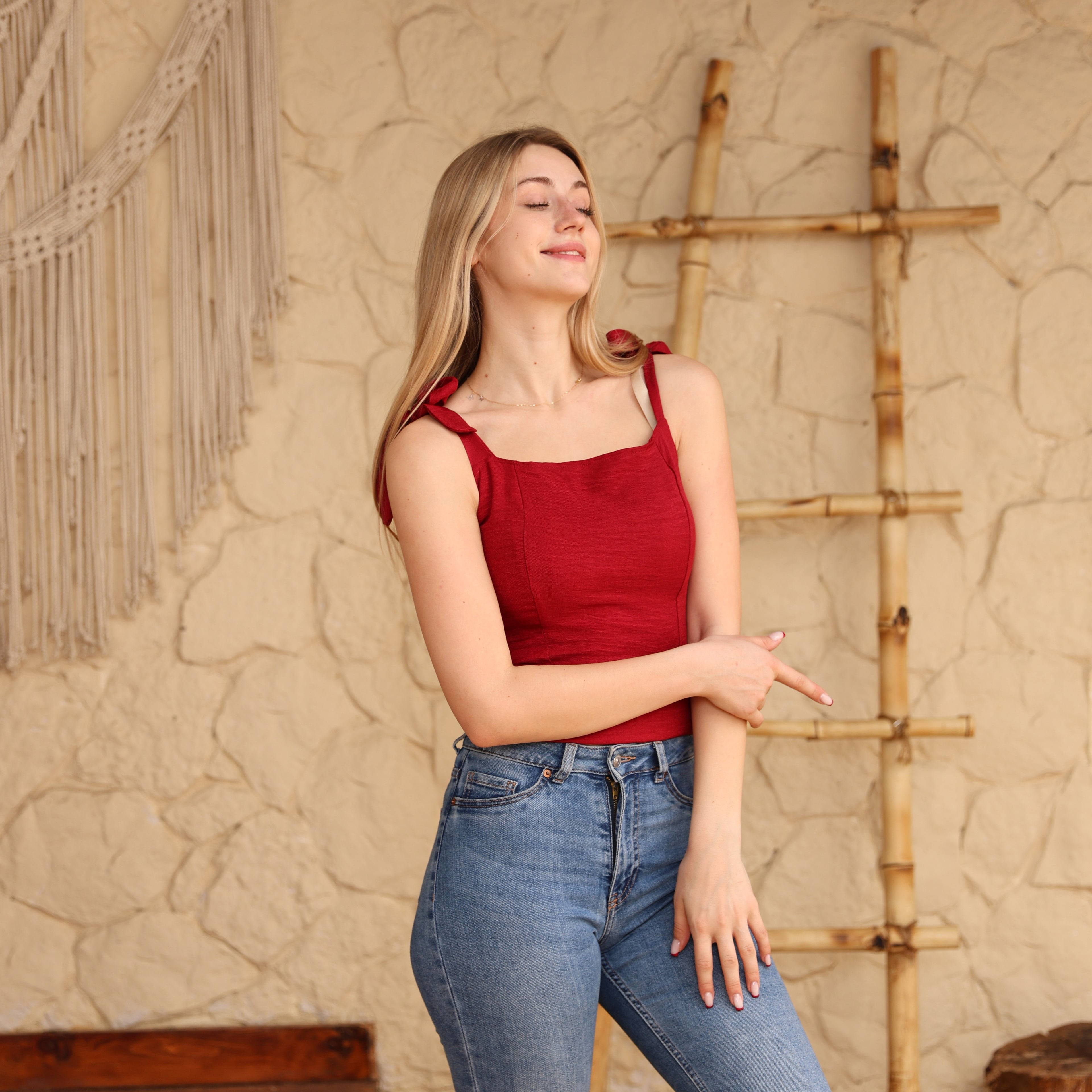 La Reine Burgundy Tie Straps Elastic Back Linen Top