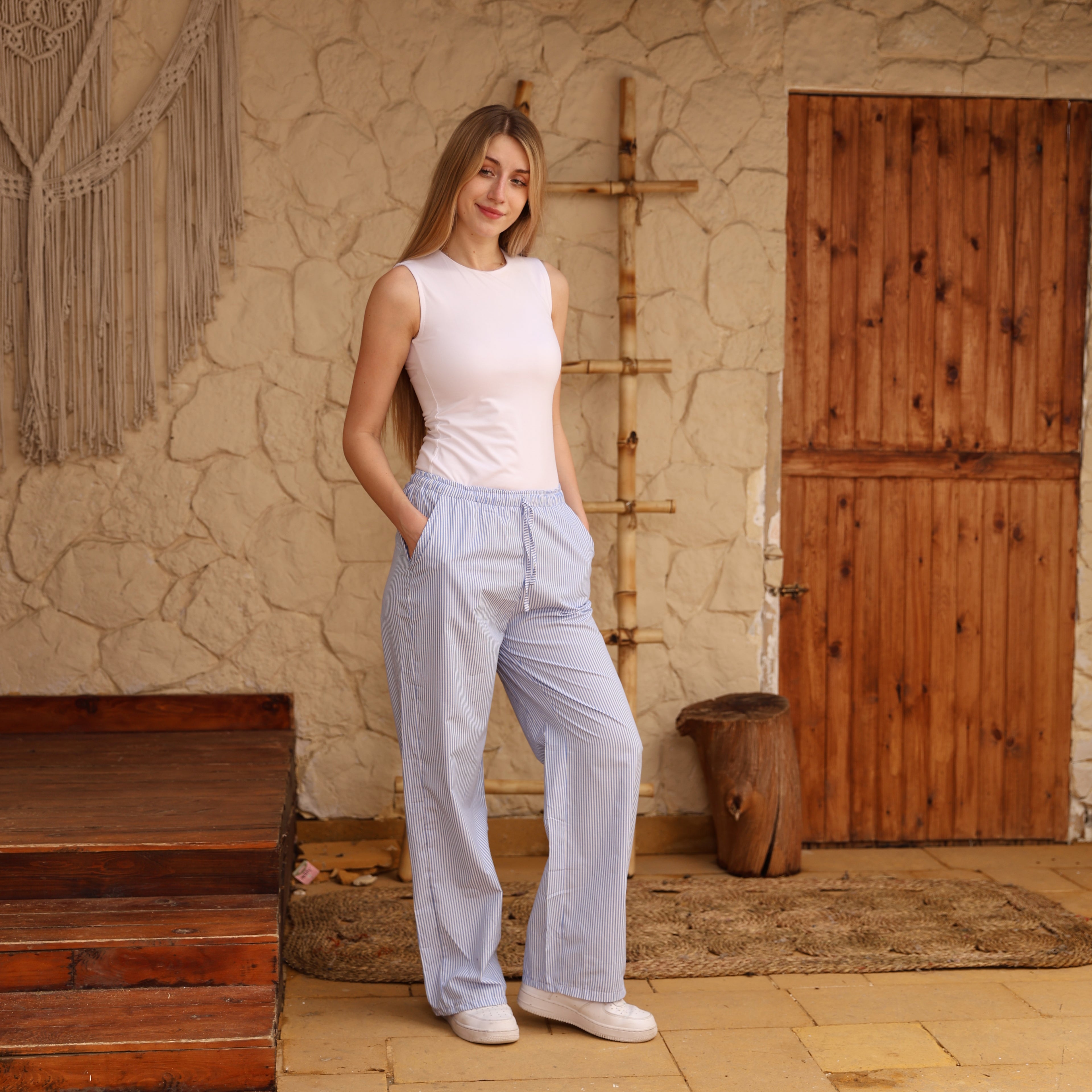 La Reine  Wide-Leg Baby Blue Striped  Pants High-Waisted