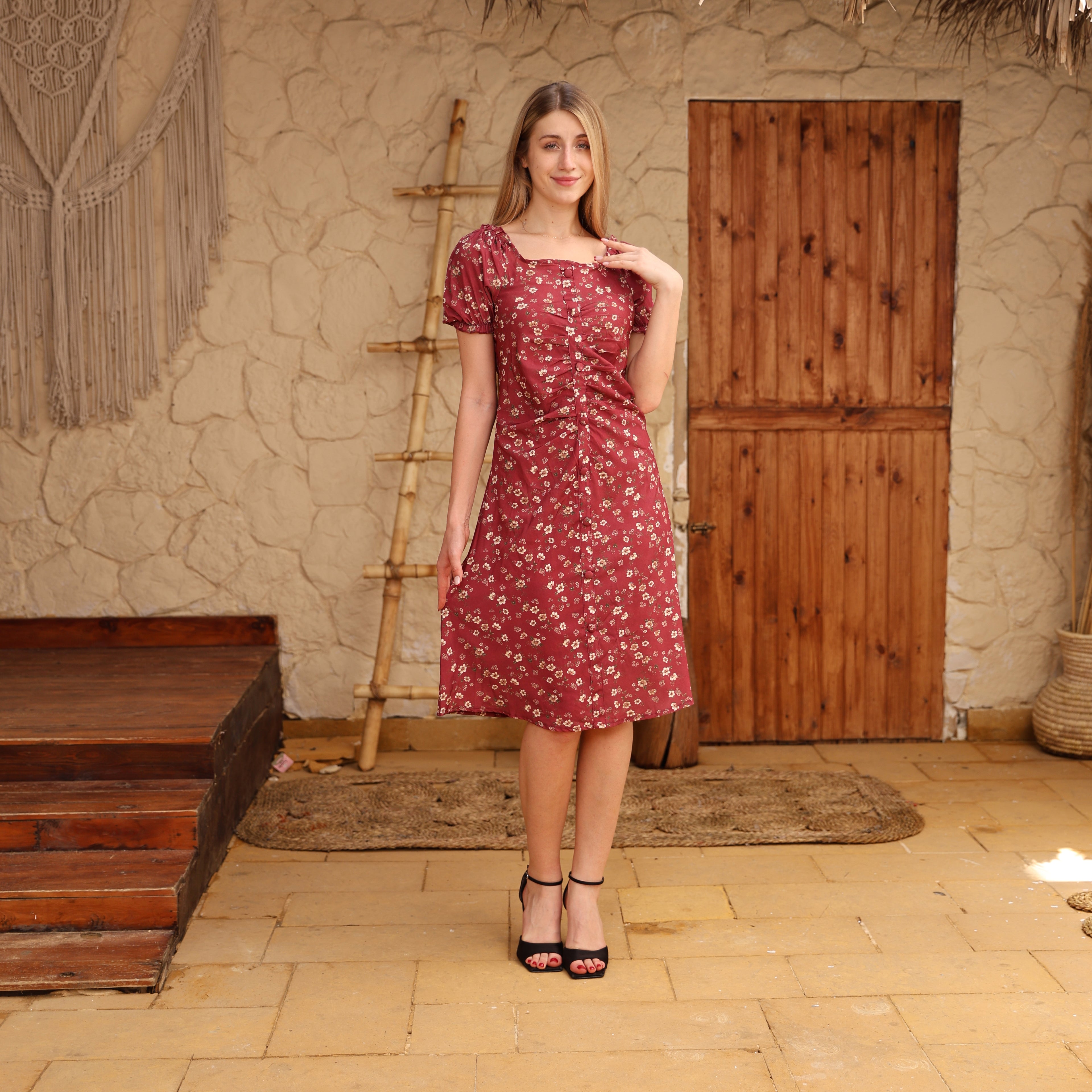 فستان لا رين الزهري البورغندي بأكمام منفوخة ضيقة