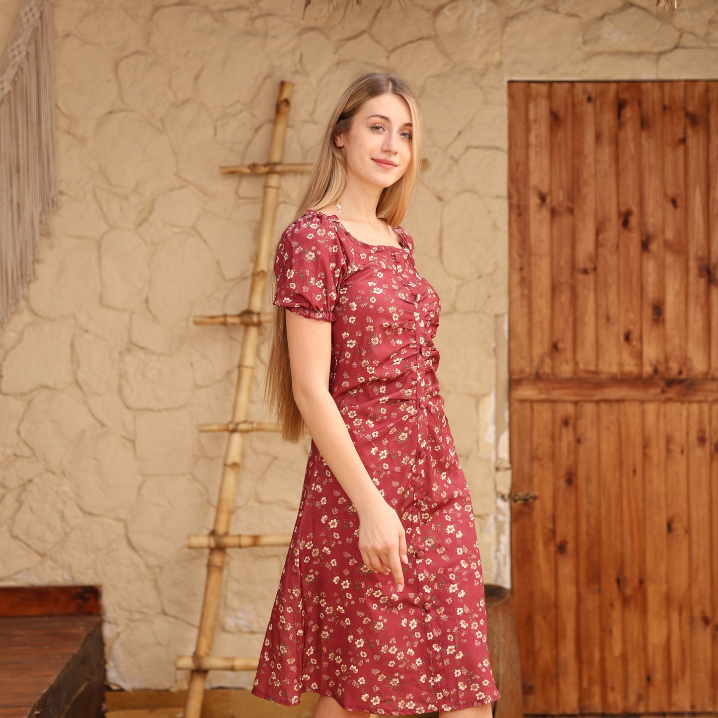La Reine Floral Burgundy Puff Sleeve Bodycon Dress
