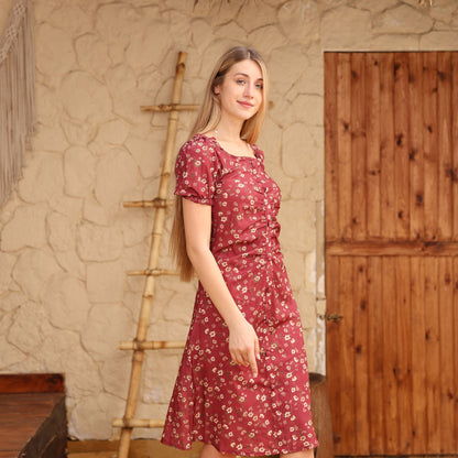 La Reine Floral Burgundy Puff Sleeve Bodycon Dress