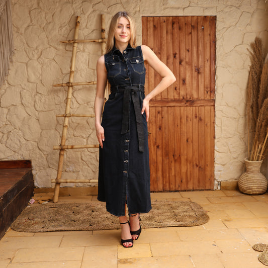La Reine Blue Black Sleeveless Midi Denim Dress With Front Buttons And Belt