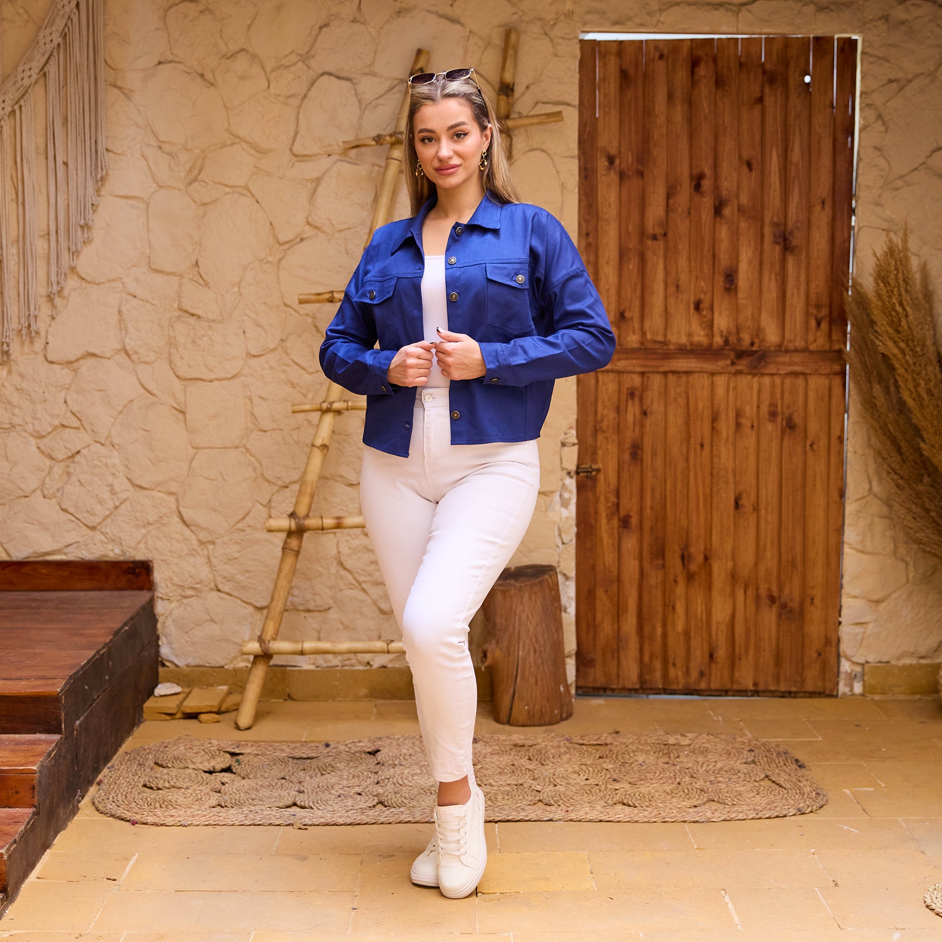 La Reine Gabardine Blue Black Jacket With Statement Buttons