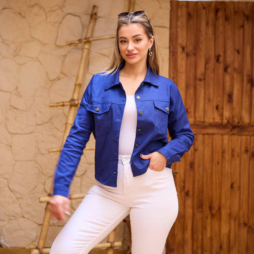 La Reine Gabardine Blue Black Jacket With Statement Buttons