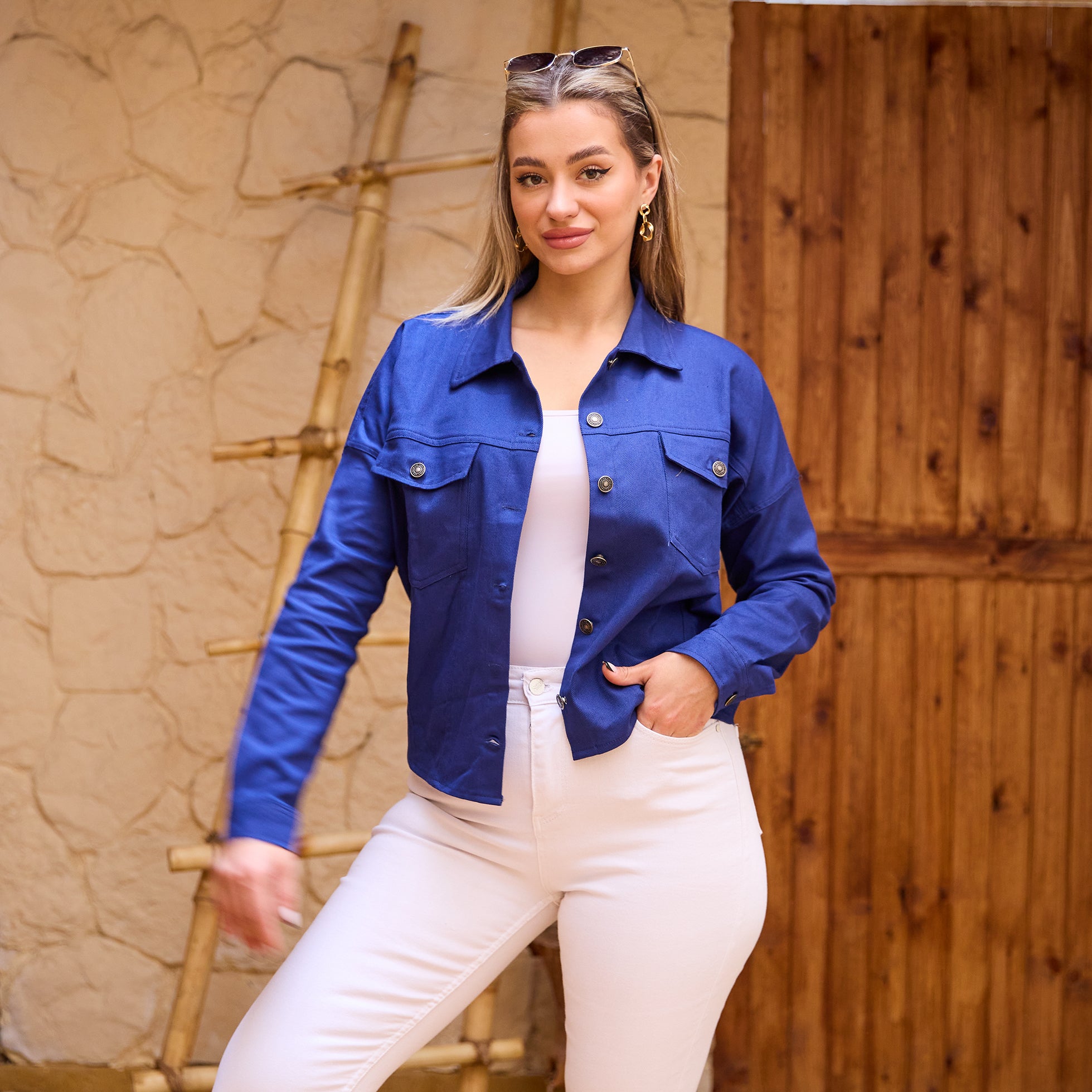 La Reine Gabardine Blue Black Jacket With Statement Buttons