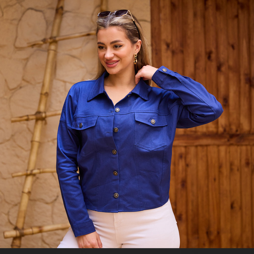 La Reine Gabardine Blue Black Jacket With Statement Buttons