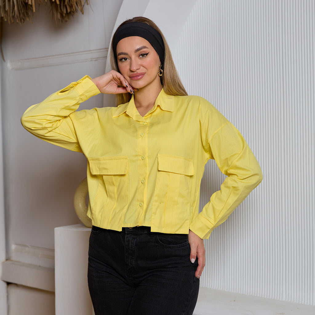 La Reine Fashionable Yellow Cropped Shirt with Large Front Pockets