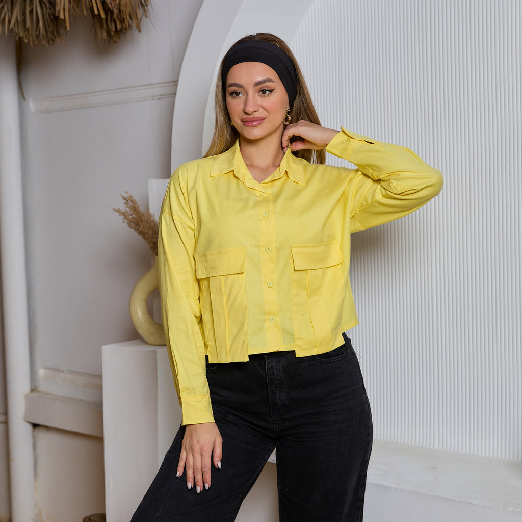 La Reine Fashionable Yellow Cropped Shirt with Large Front Pockets