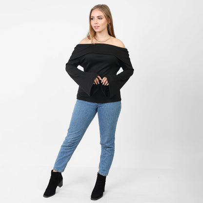 La Reine Off Shoulder Flare Sleeve Black Sweater