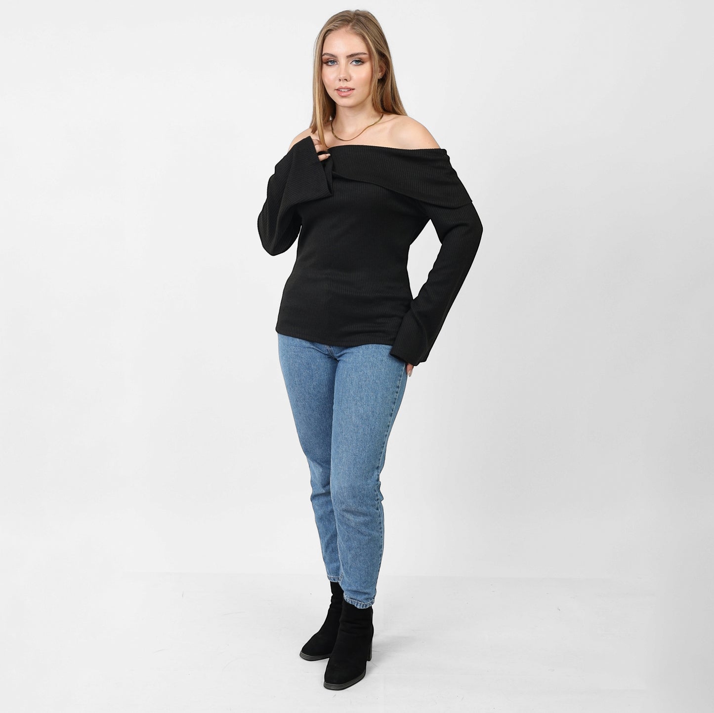 La Reine Off Shoulder Flare Sleeve Black Sweater