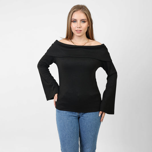 La Reine Off Shoulder Flare Sleeve Black Sweater