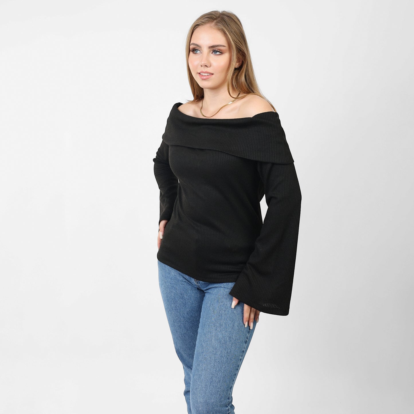 La Reine Off Shoulder Flare Sleeve Black Sweater