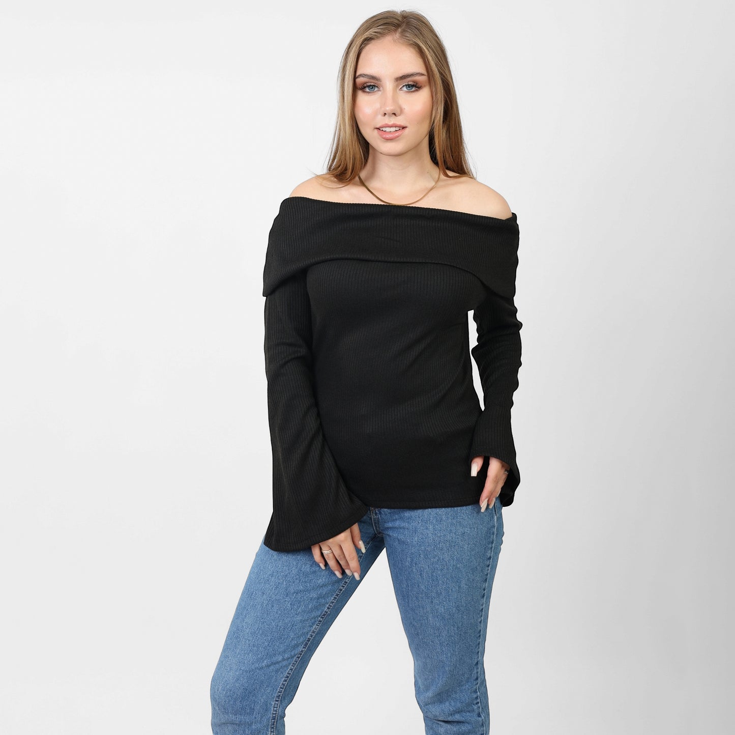 La Reine Off Shoulder Flare Sleeve Black Sweater