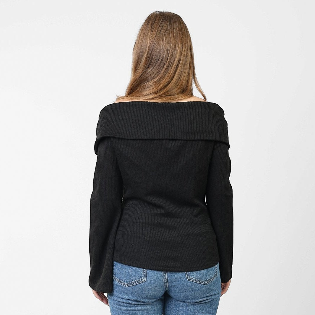 La Reine Off Shoulder Flare Sleeve Black Sweater