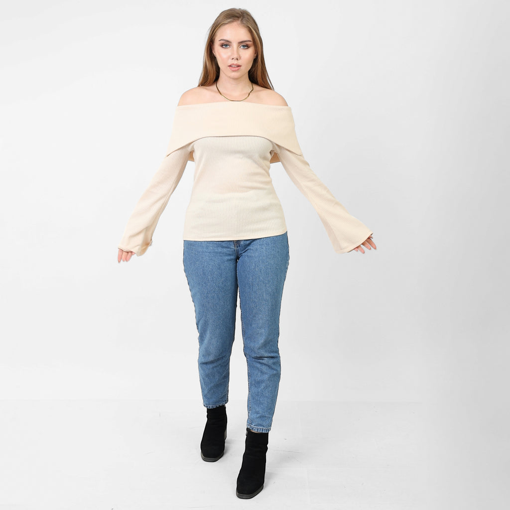 La Reine Off Shoulder Flare Sleeve Beige Basic Sweater