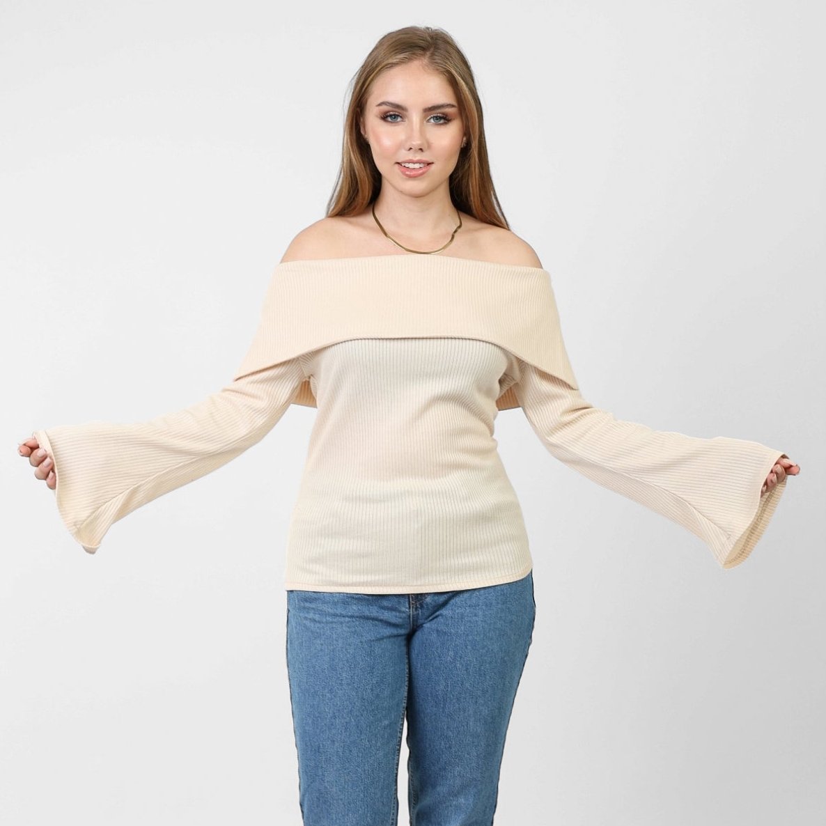La Reine Off Shoulder Flare Sleeve Beige Basic Sweater