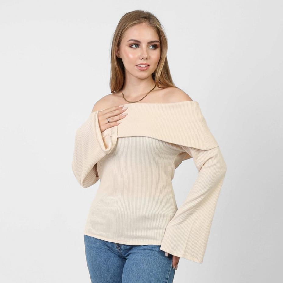 La Reine Off Shoulder Flare Sleeve Beige Basic Sweater