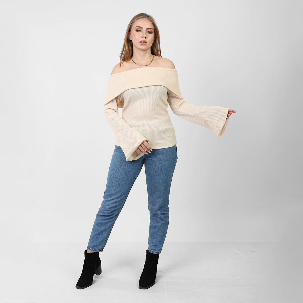 La Reine Off Shoulder Flare Sleeve Beige Basic Sweater