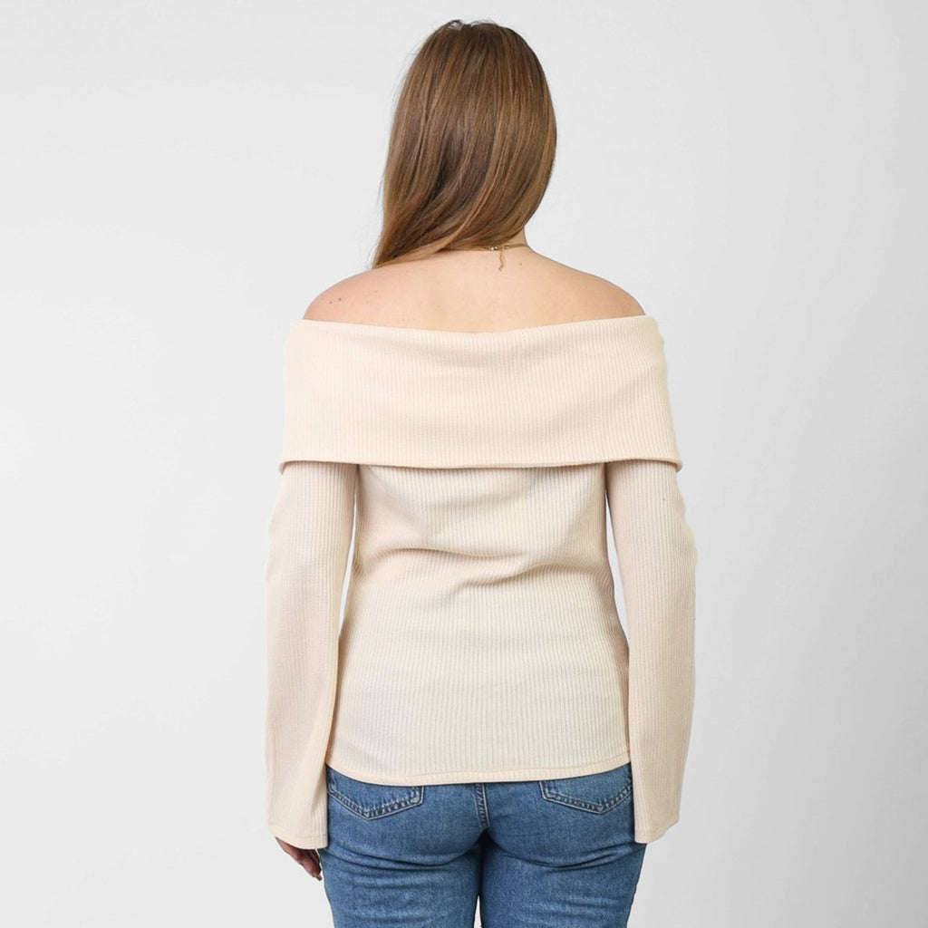 La Reine Off Shoulder Flare Sleeve Beige Basic Sweater