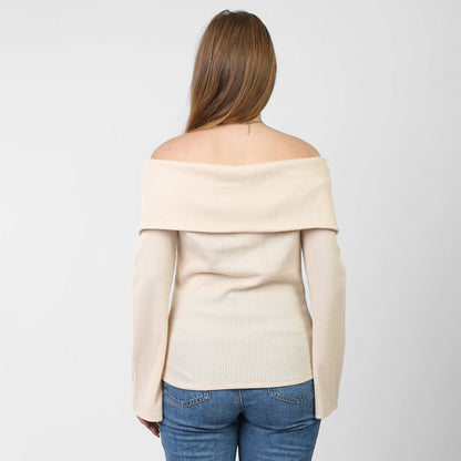 La Reine Off Shoulder Flare Sleeve Beige Sweater