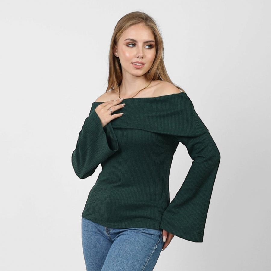 La Reine Off Shoulder Flare Sleeve Olive Green Sweater